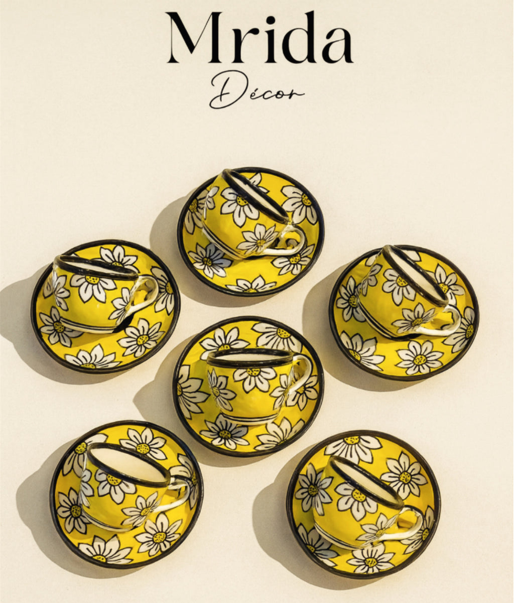 Handcrafted Yellow Floral Ceramic Tea Cup & Saucer Set Of 6 | Daisy Print Tea Cups | Premium Stoneware Tea Cup Set