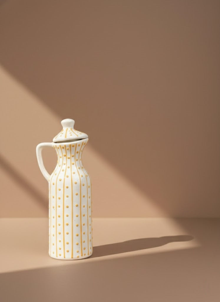 Elegant Ceramic Oil Dispenser Bottle With Handle-Polka Dot Olive Oil & Vinegar Pourer For Kitchen & Dining Table