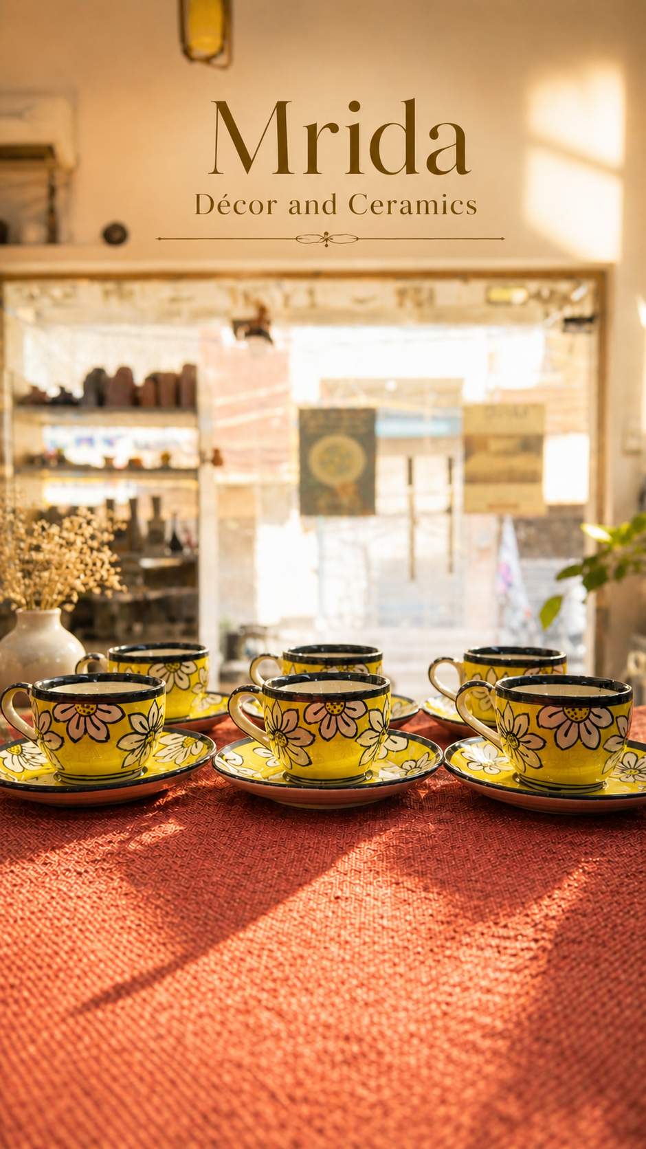 Handcrafted Yellow Floral Ceramic Tea Cup & Saucer Set Of 6 | Daisy Print Tea Cups | Premium Stoneware Tea Cup Set