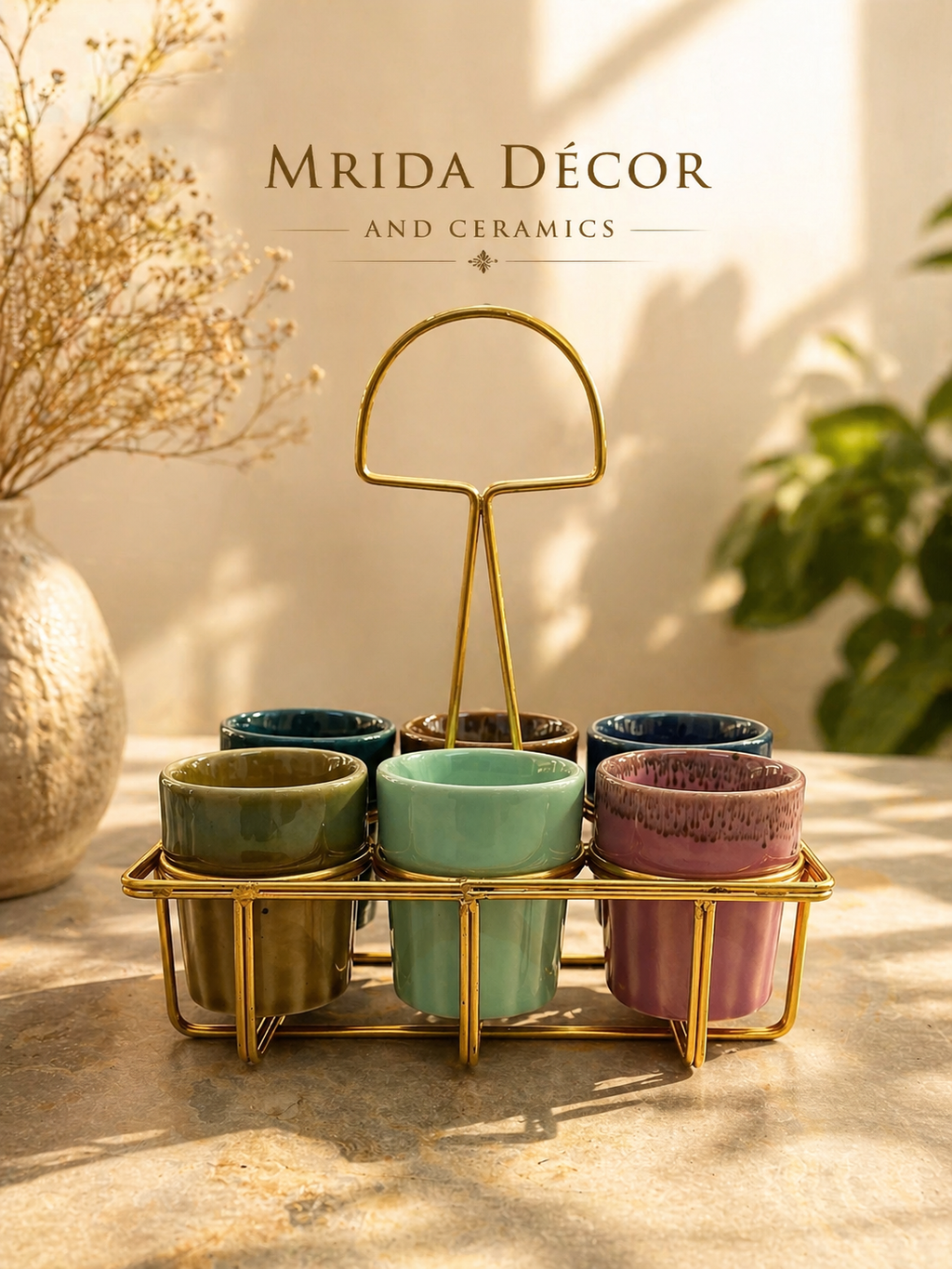 Multicolor Ceramic Tea Set with Golden Stand & Glasses | Microwave Safe, Dishwasher Safe, Lead-Free | Premium Handcrafted Tea Cups Set for Home & Gifting