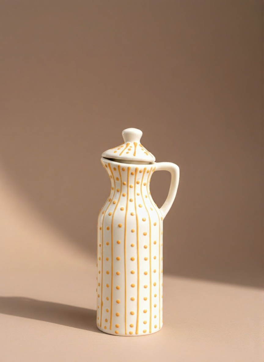 Elegant Ceramic Oil Dispenser Bottle With Handle-Polka Dot Olive Oil & Vinegar Pourer For Kitchen & Dining Table