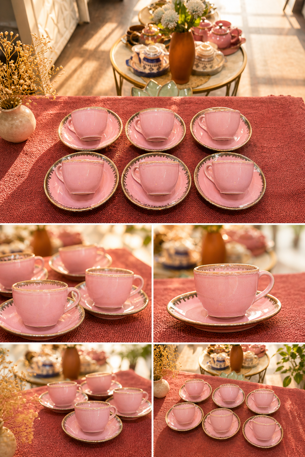 Handcrafted Pink Ceramic Tea Cup & Saucer Set Of 6 | Glossy Pastel Tea Cups | Premium Stoneware Tea Set