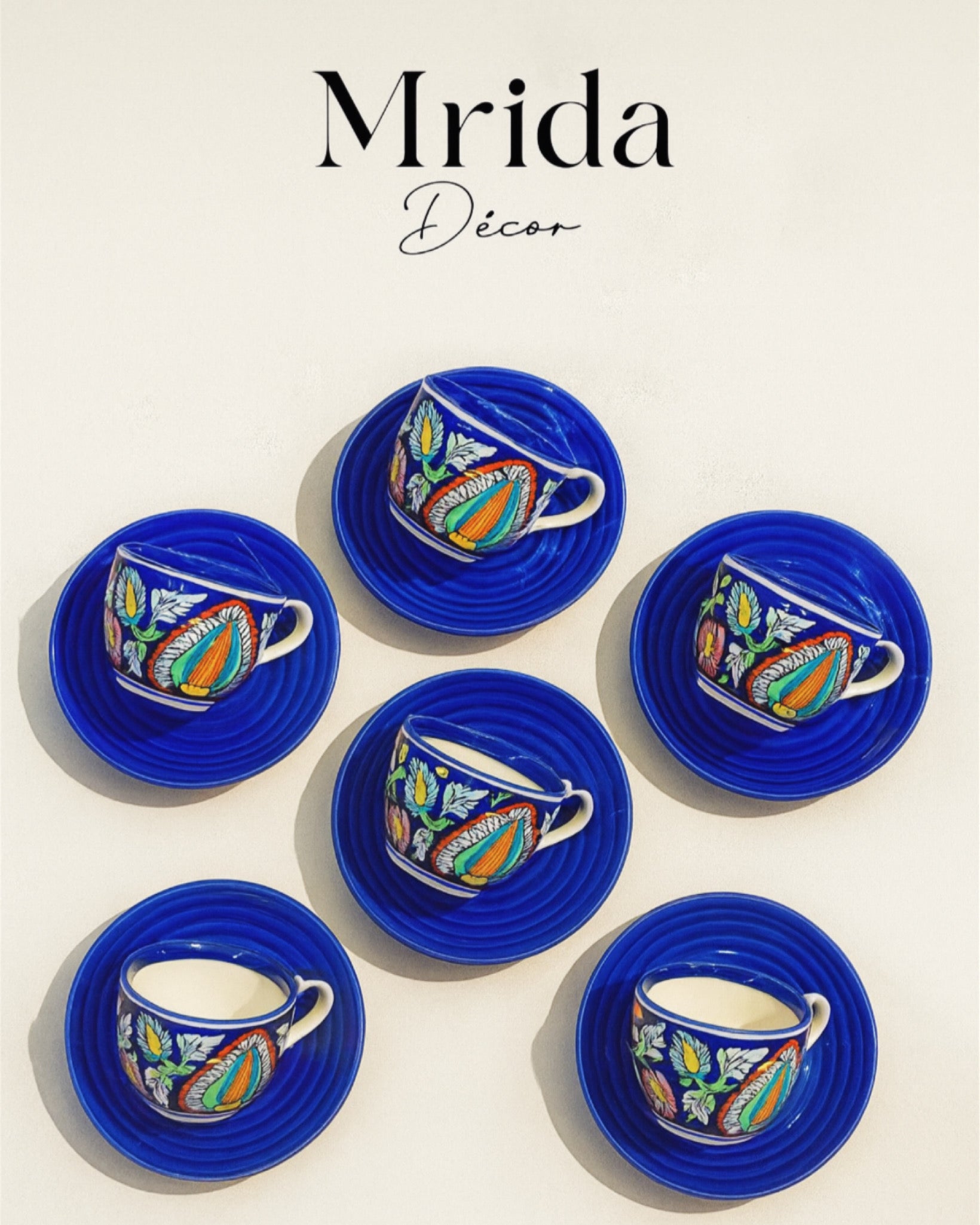 Hand-Painted Blue Floral Ceramic Tea Cup & Saucer Set Of 6 | Handmade Stoneware Tea Set | Designer Tea Cups