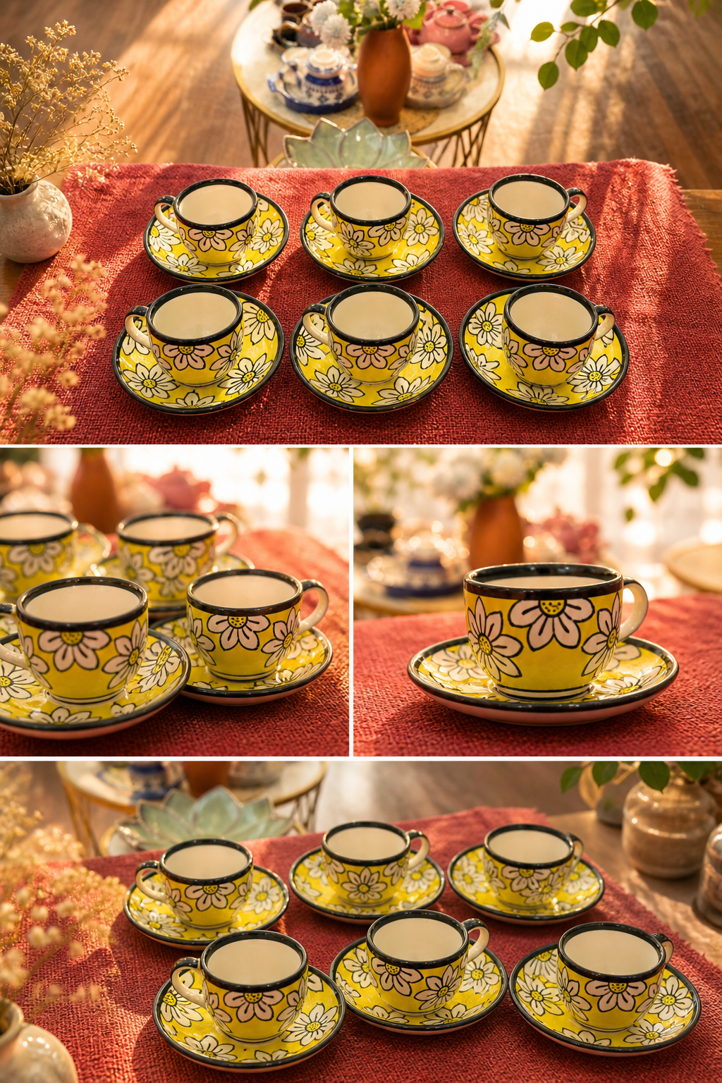 Handcrafted Yellow Floral Ceramic Tea Cup & Saucer Set Of 6 | Daisy Print Tea Cups | Premium Stoneware Tea Cup Set