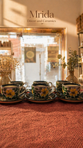 Hand-Painted Ceramic Tea Cup & Saucer Set Of 6 | Black Saucer With Floral Design Tea Cups | Premium Stoneware Tea Set