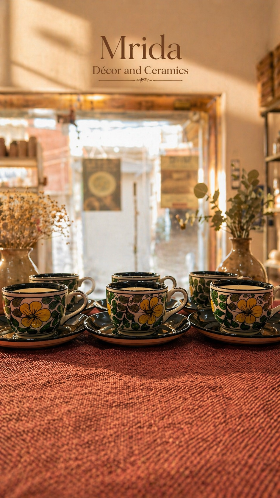 Hand-Painted Ceramic Tea Cup & Saucer Set Of 6 | Black Saucer With Floral Design Tea Cups | Premium Stoneware Tea Set