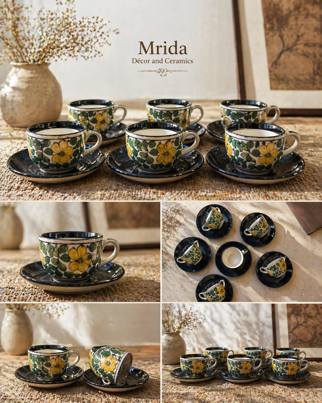 Hand-Painted Ceramic Tea Cup & Saucer Set Of 6 | Black Saucer With Floral Design Tea Cups | Premium Stoneware Tea Set