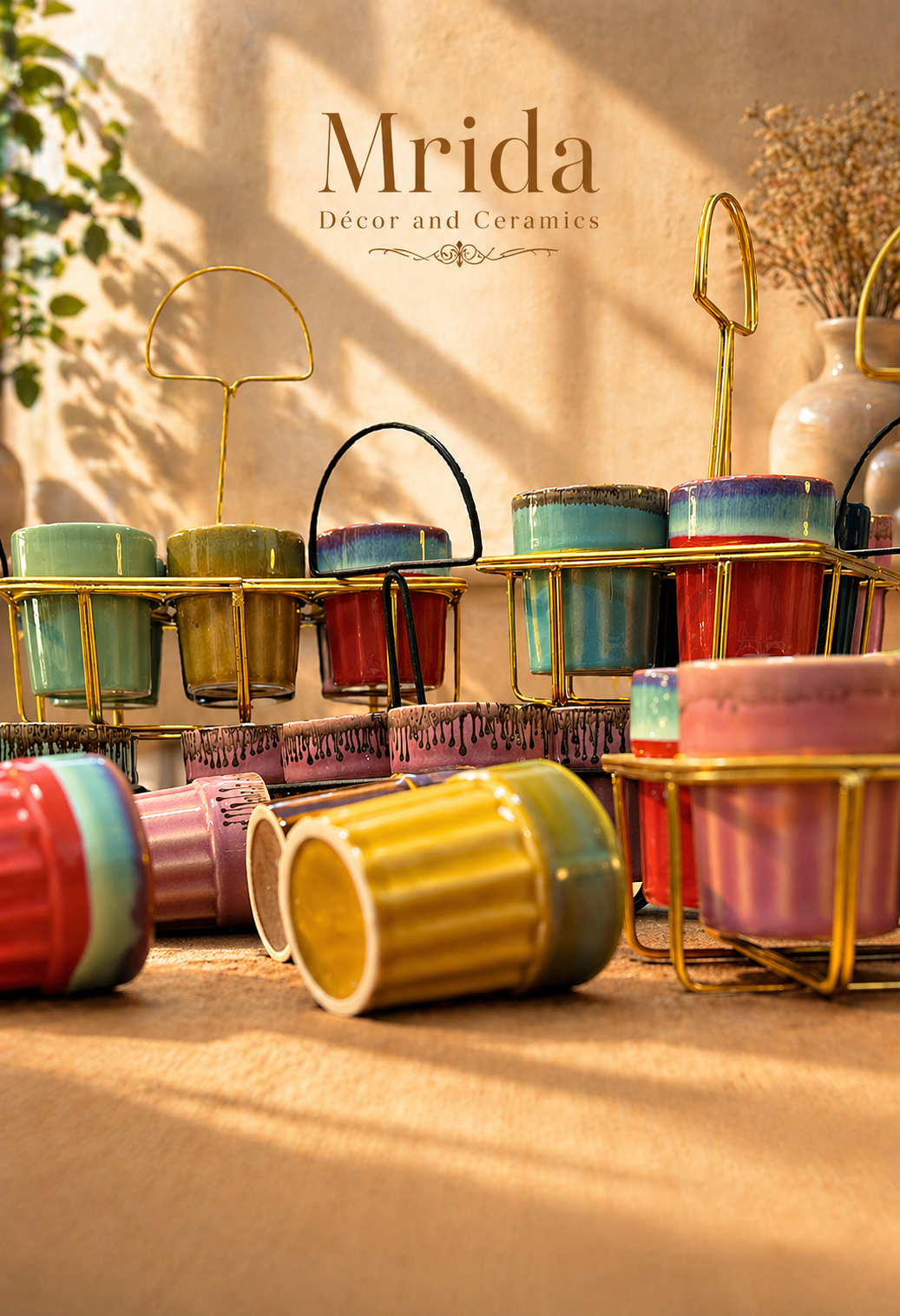 Multicolor Ceramic Tea Set with Golden Stand & Glasses | Microwave Safe, Dishwasher Safe, Lead-Free | Premium Handcrafted Tea Cups Set for Home & Gifting