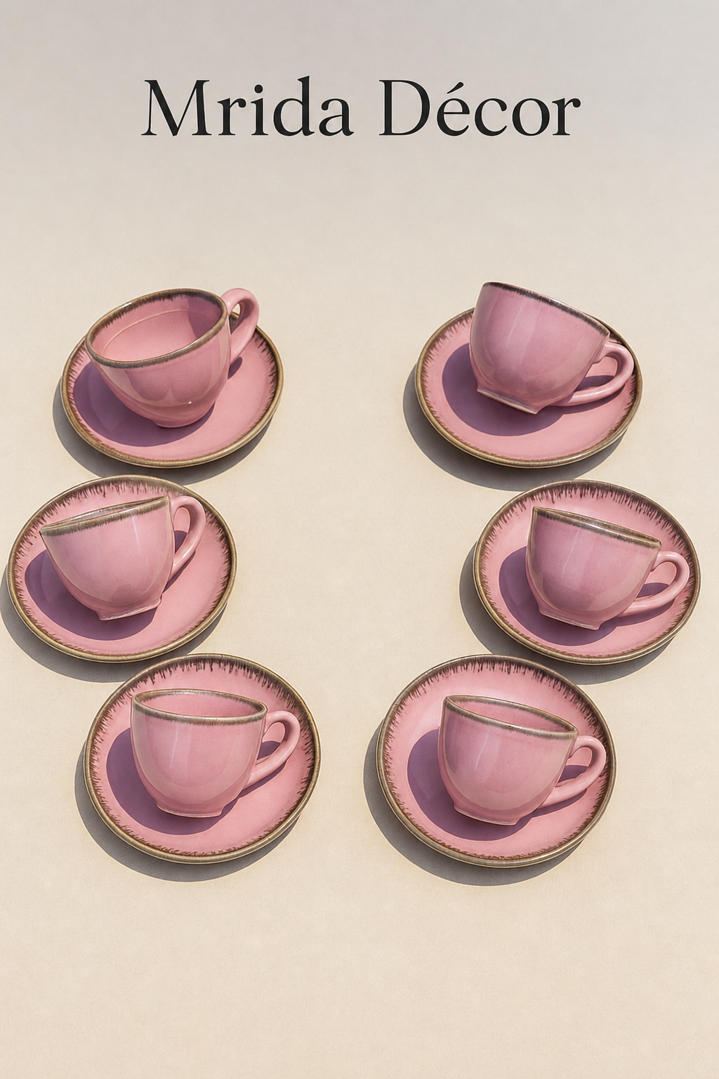 Handcrafted Pink Ceramic Tea Cup & Saucer Set Of 6 | Glossy Pastel Tea Cups | Premium Stoneware Tea Set
