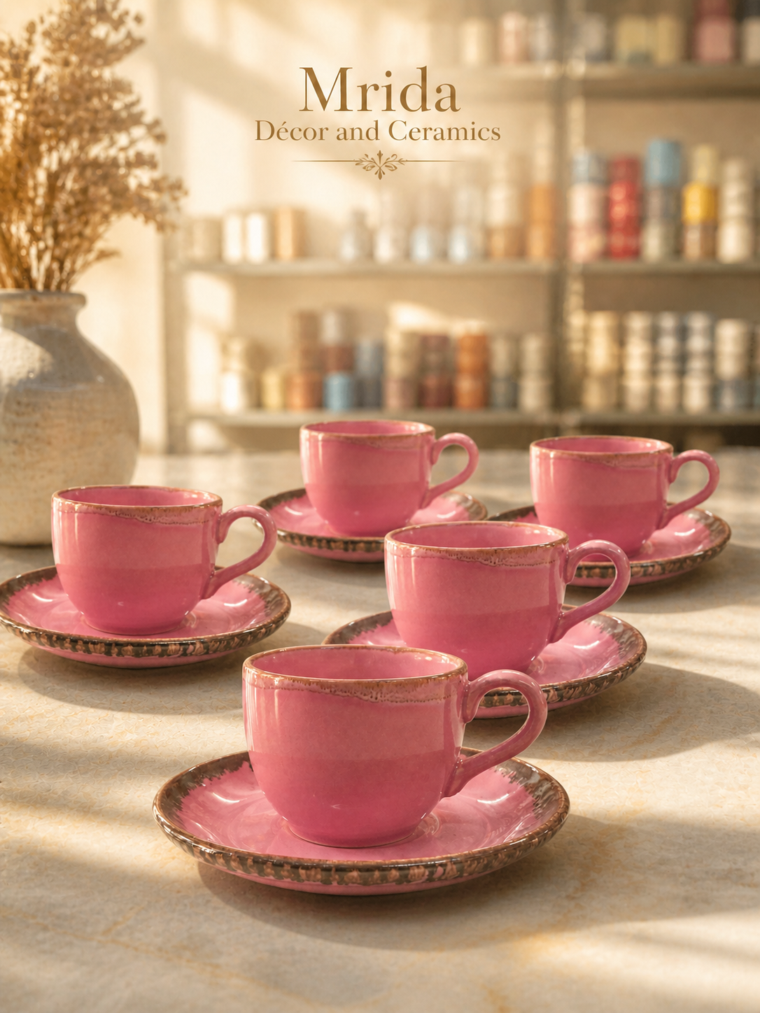 Handcrafted Pink Ceramic Tea Cup & Saucer Set Of 6 | Glossy Pastel Tea Cups | Premium Stoneware Tea Set