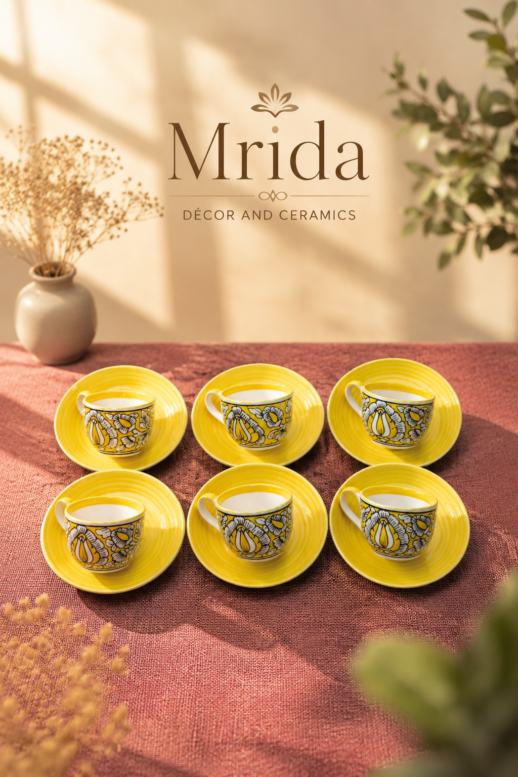 Handcrafted Yellow Floral Ceramic Tea Cup & Saucer Set Of 6 | Handmade Stoneware Tea Set | Designer Tea Cups