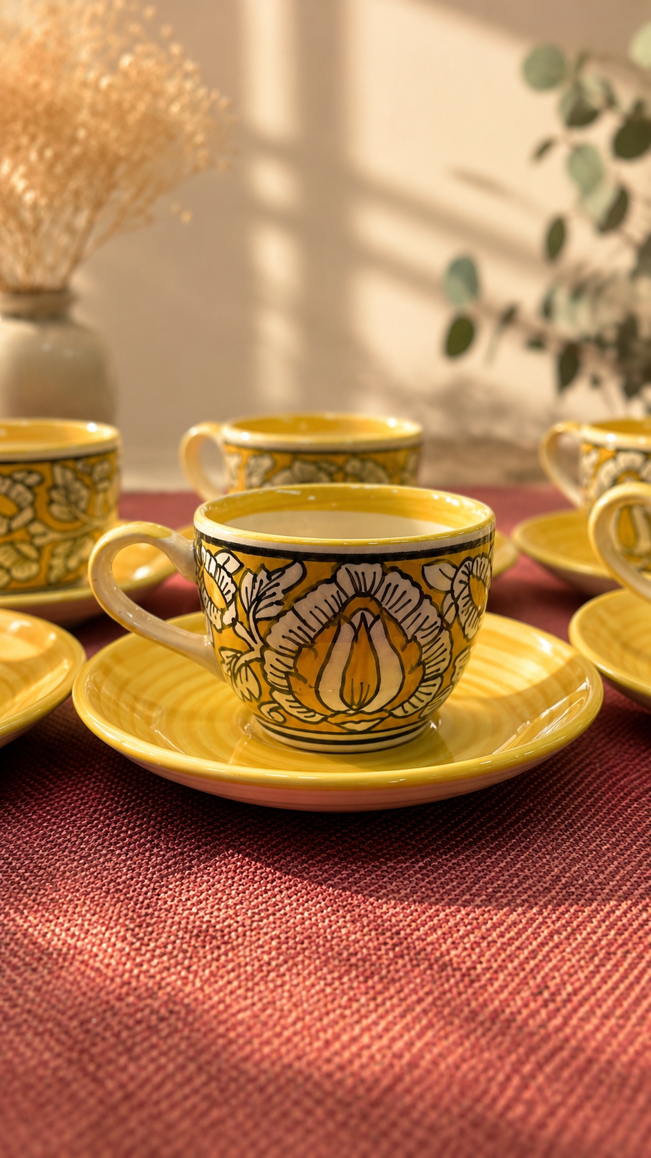 Handcrafted Yellow Floral Ceramic Tea Cup & Saucer Set Of 6 | Handmade Stoneware Tea Set | Designer Tea Cups