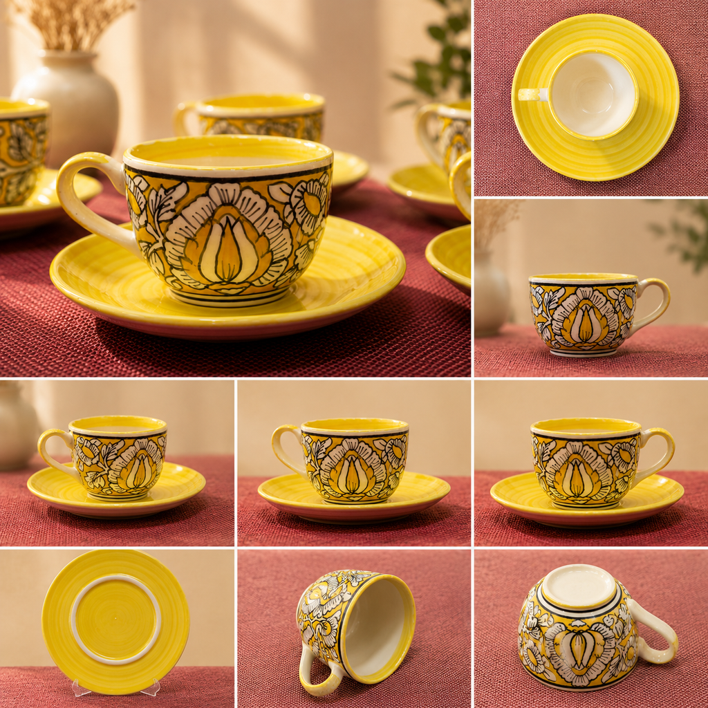 Handcrafted Yellow Floral Ceramic Tea Cup & Saucer Set Of 6 | Handmade Stoneware Tea Set | Designer Tea Cups