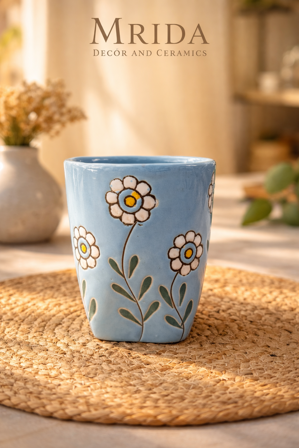 Hand-Painted Floral Ceramic Glass Tumbler | Elegant Drinkware For Water, Juice & Beverages