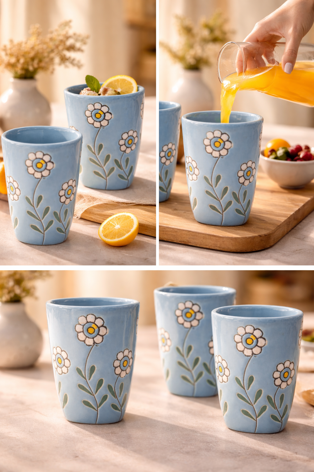 Hand-Painted Floral Ceramic Glass Tumbler | Elegant Drinkware For Water, Juice & Beverages