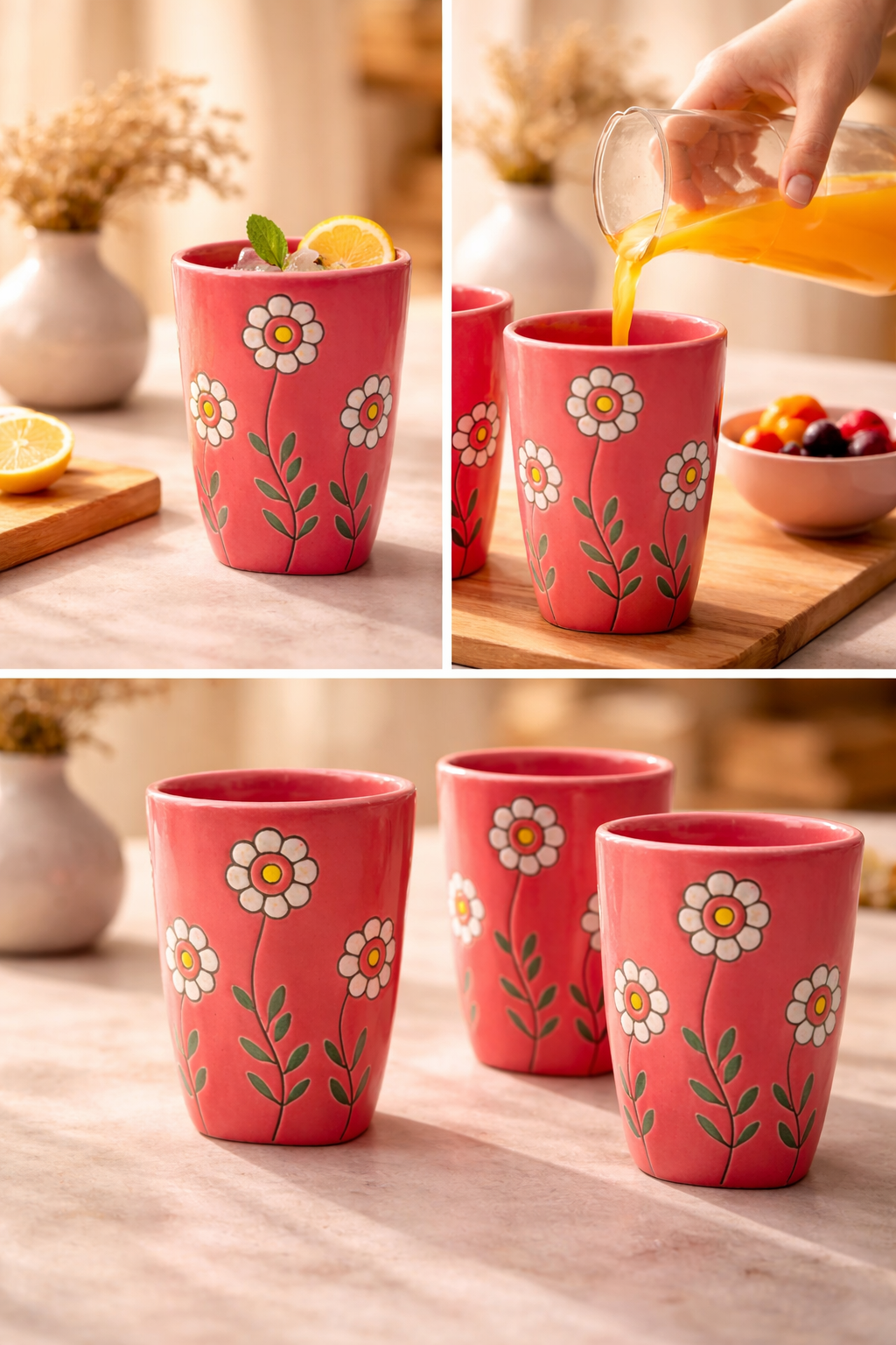 Hand-Painted Floral Ceramic Glass Tumbler | Elegant Drinkware For Water, Juice & Beverages