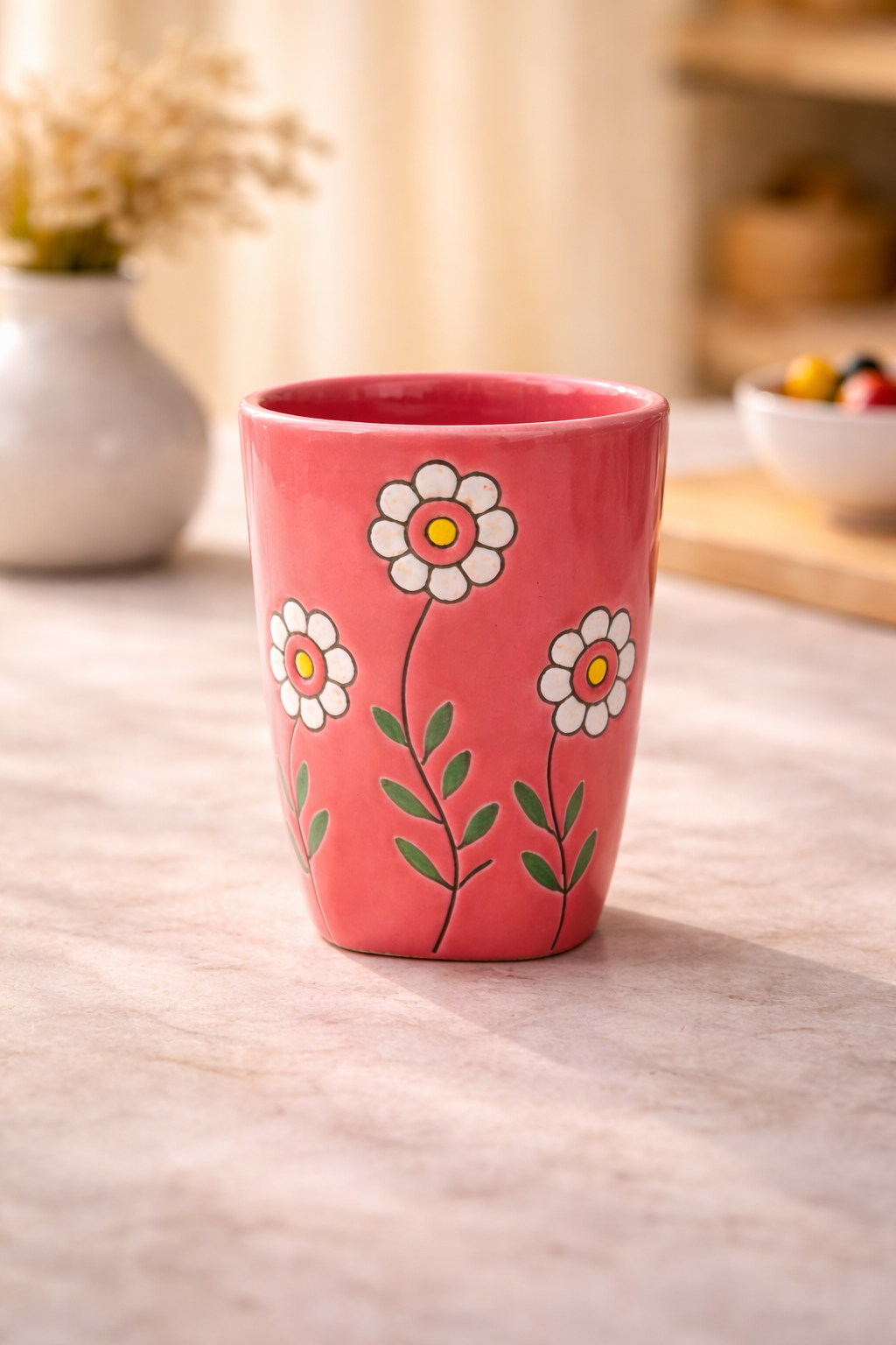 Hand-Painted Floral Ceramic Glass Tumbler | Elegant Drinkware For Water, Juice & Beverages