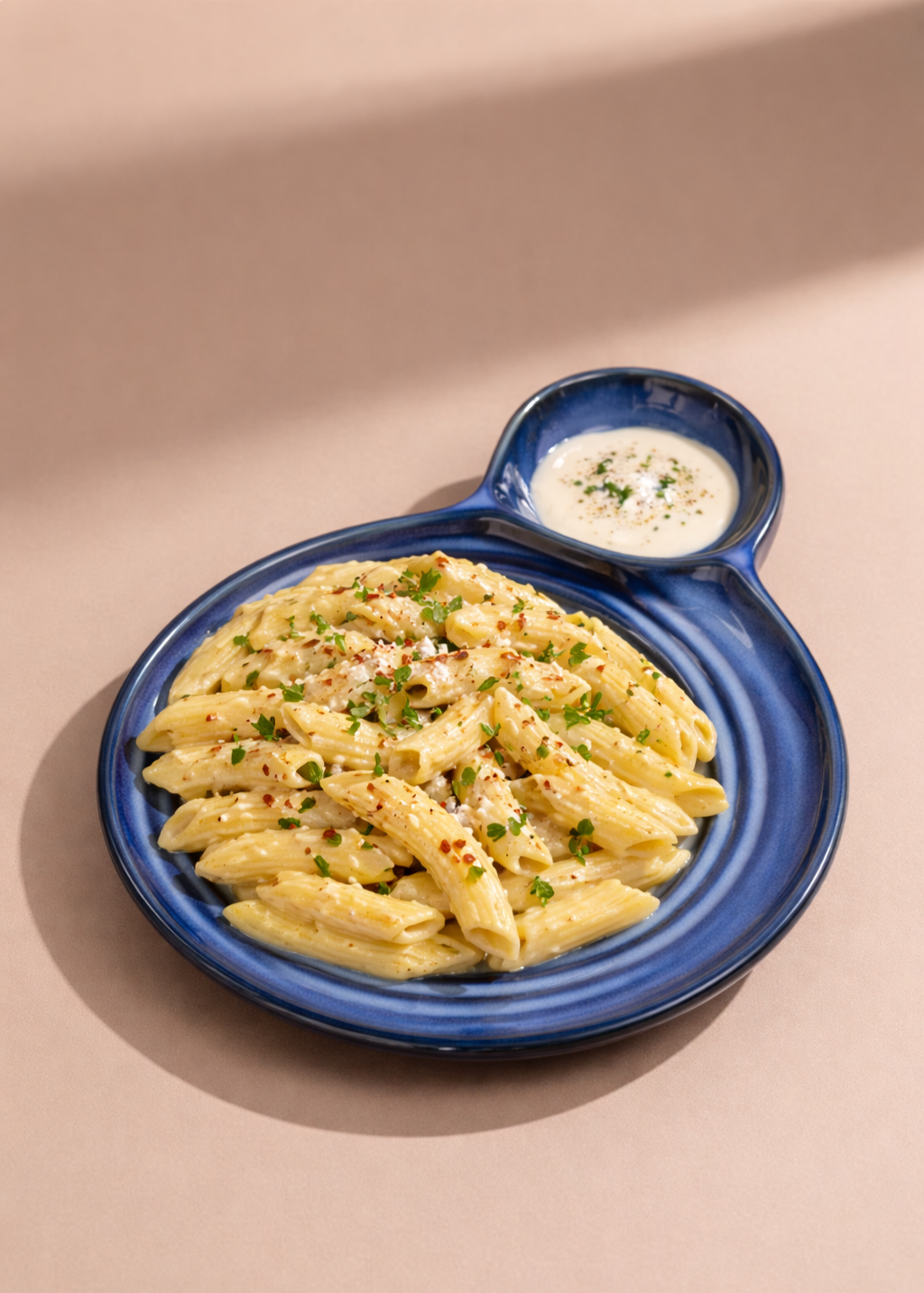 Handcrafted Ceramic Pasta Platter With Sauce Dip Bowl | Designer Serving Plate For Pasta & Snacks