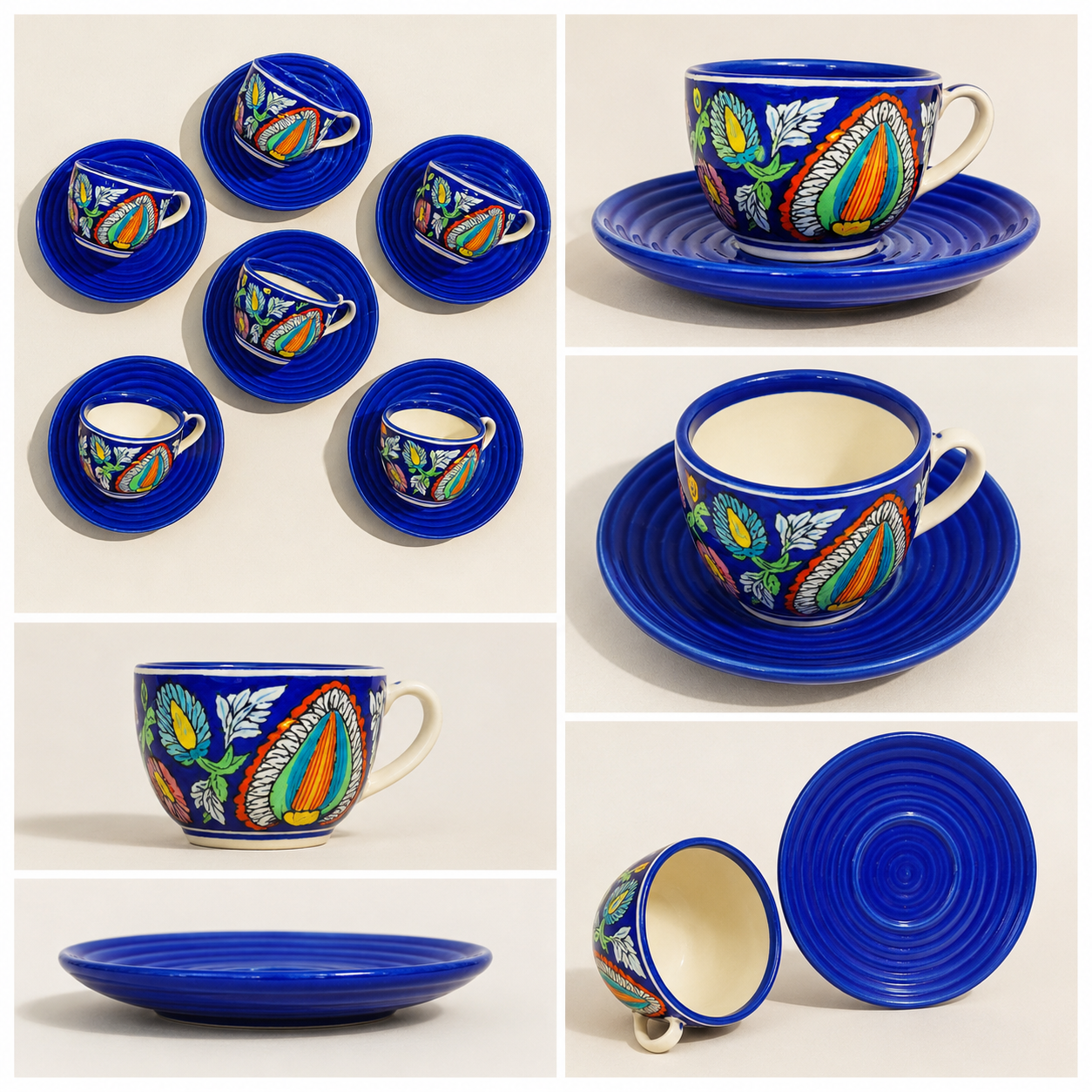 Hand-Painted Blue Floral Ceramic Tea Cup & Saucer Set Of 6 | Handmade Stoneware Tea Set | Designer Tea Cups