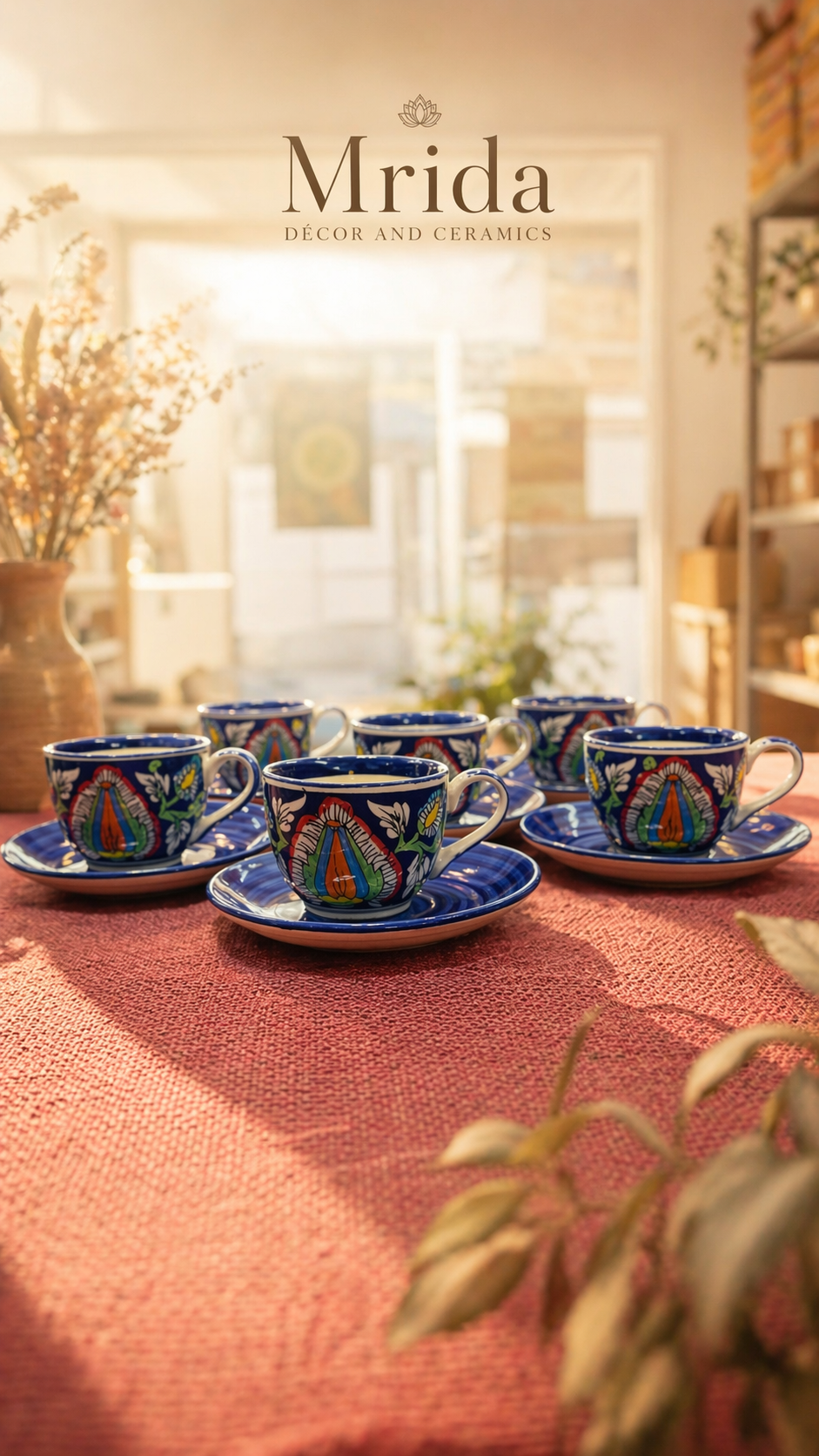 Hand-Painted Blue Floral Ceramic Tea Cup & Saucer Set Of 6 | Handmade Stoneware Tea Set | Designer Tea Cups