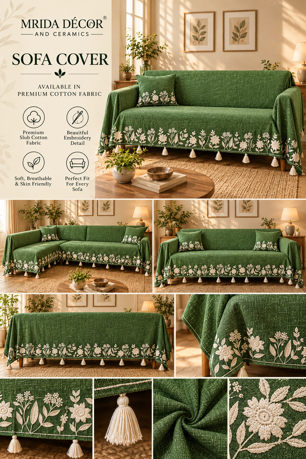 Embroidered Slub Cotton Sofa Cover | Floral Sofa Throw | ₹875/Meter
