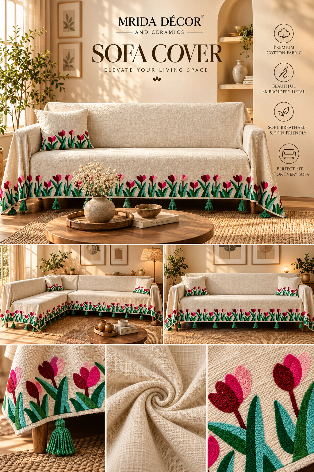 Embroidered Slub Cotton Sofa Cover | Floral Sofa Throw | ₹875/Meter