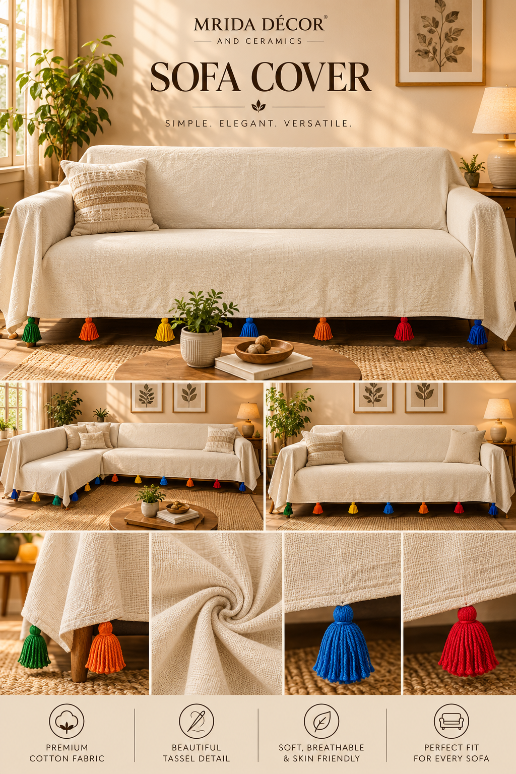 Premium Off-White Slub Cotton Sofa Cover with Multicolor Tassels  | ₹435/Meter