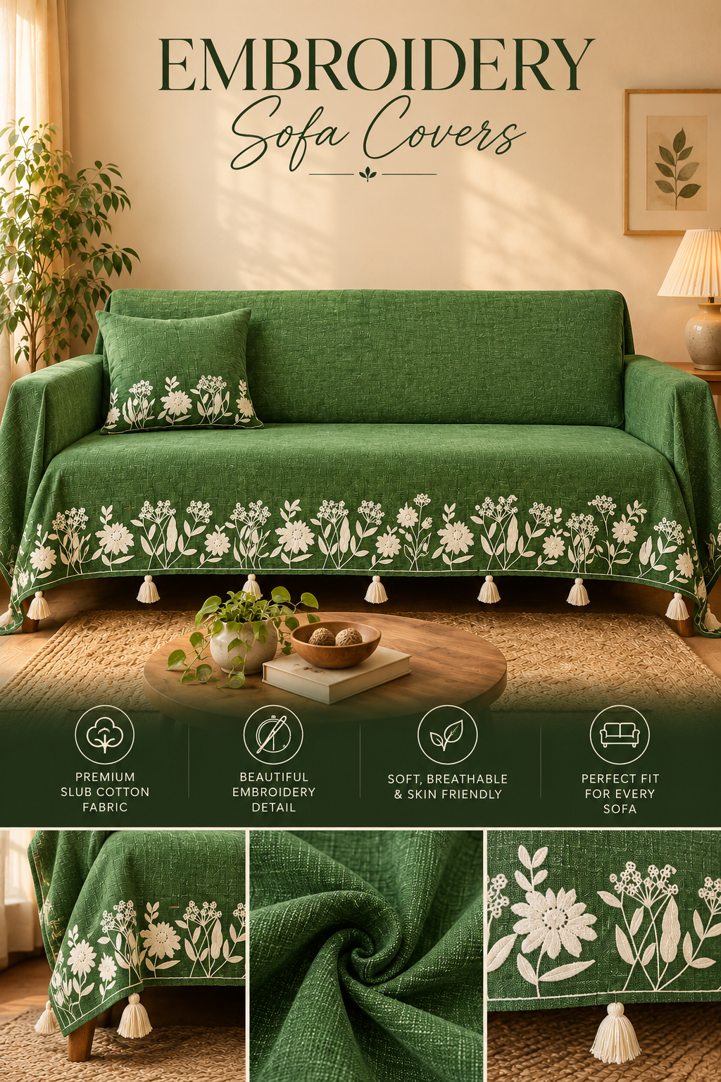 Embroidered Slub Cotton Sofa Cover | Floral Sofa Throw | ₹875/Meter