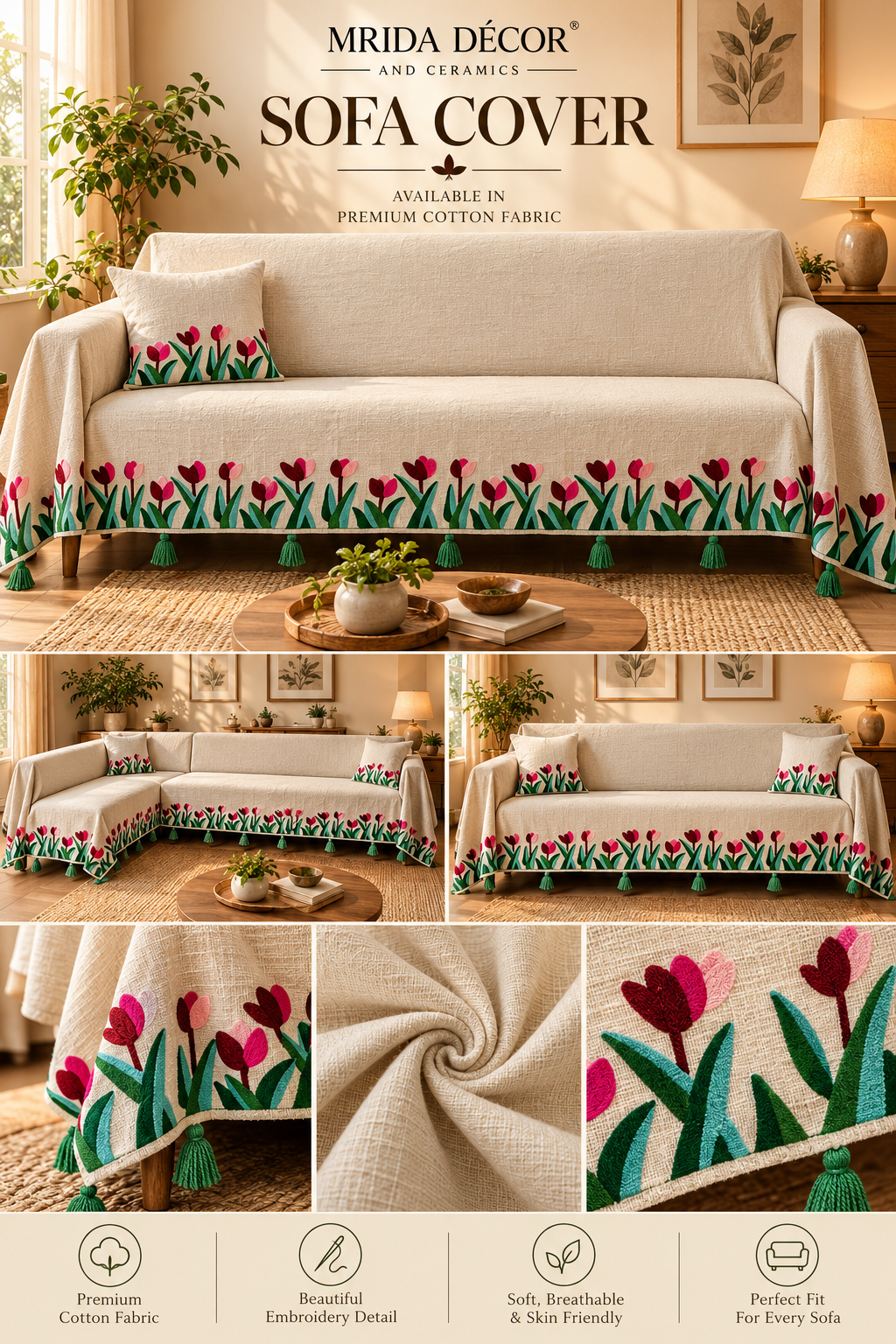 Embroidered Slub Cotton Sofa Cover | Floral Sofa Throw | ₹875/Meter