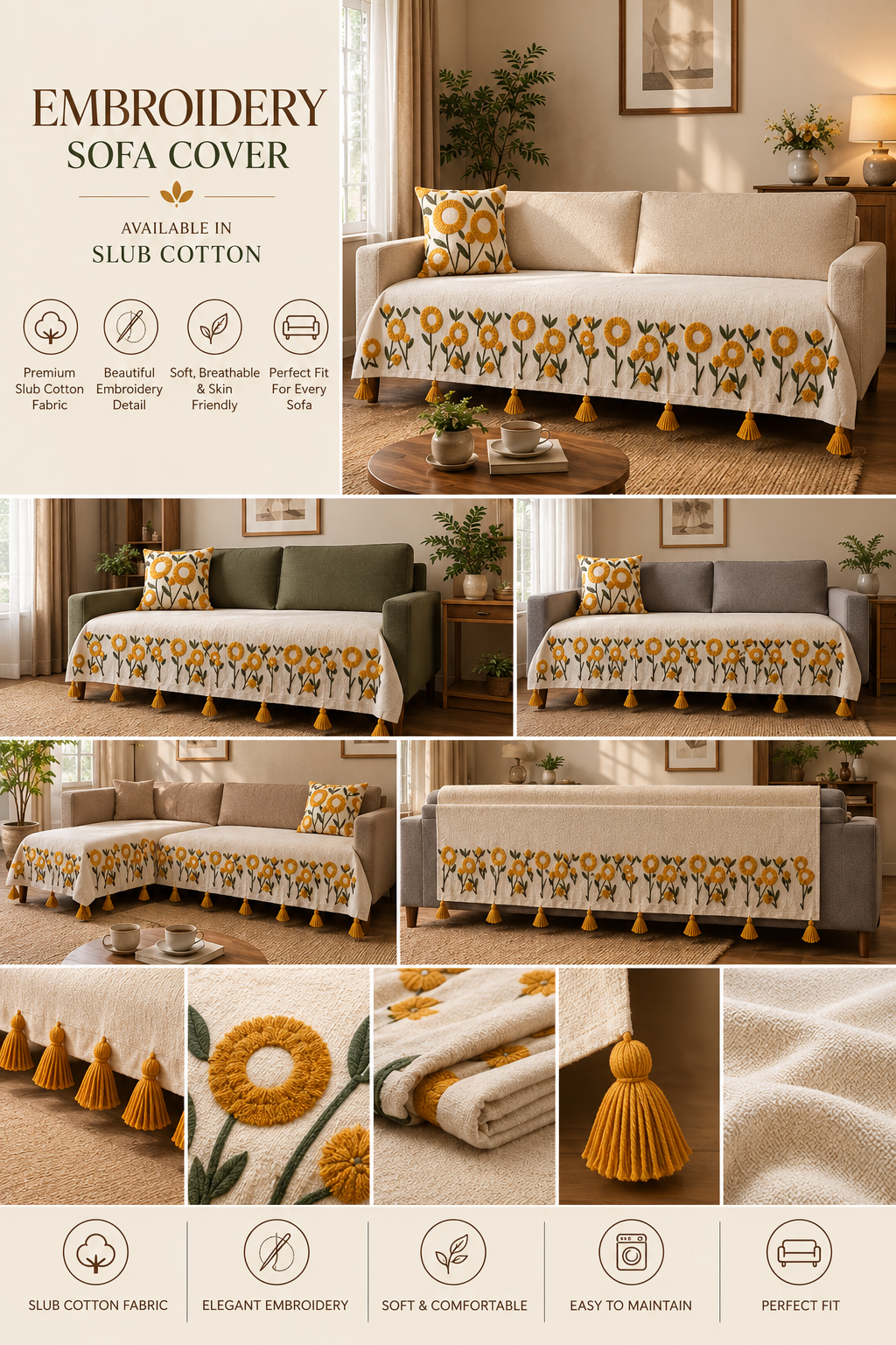 Embroidered Slub Cotton Sofa Cover | Floral Sofa Throw | ₹875/Meter