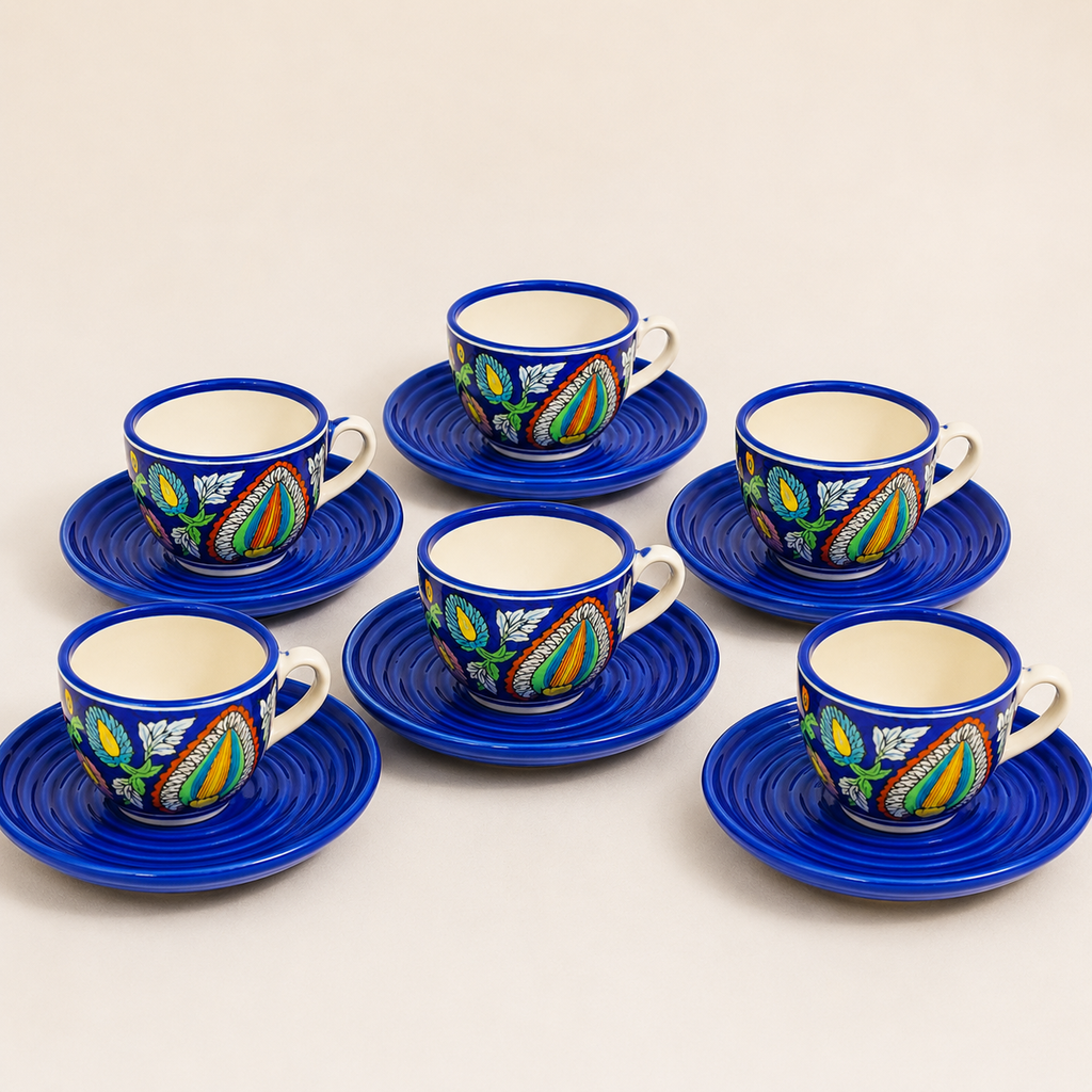 Hand-Painted Blue Floral Ceramic Tea Cup & Saucer Set Of 6 | Handmade Stoneware Tea Set | Designer Tea Cups