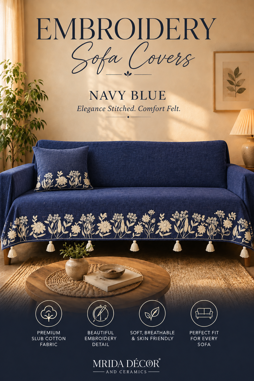 Embroidered Slub Cotton Sofa Cover | Floral Sofa Throw | ₹875/Meter