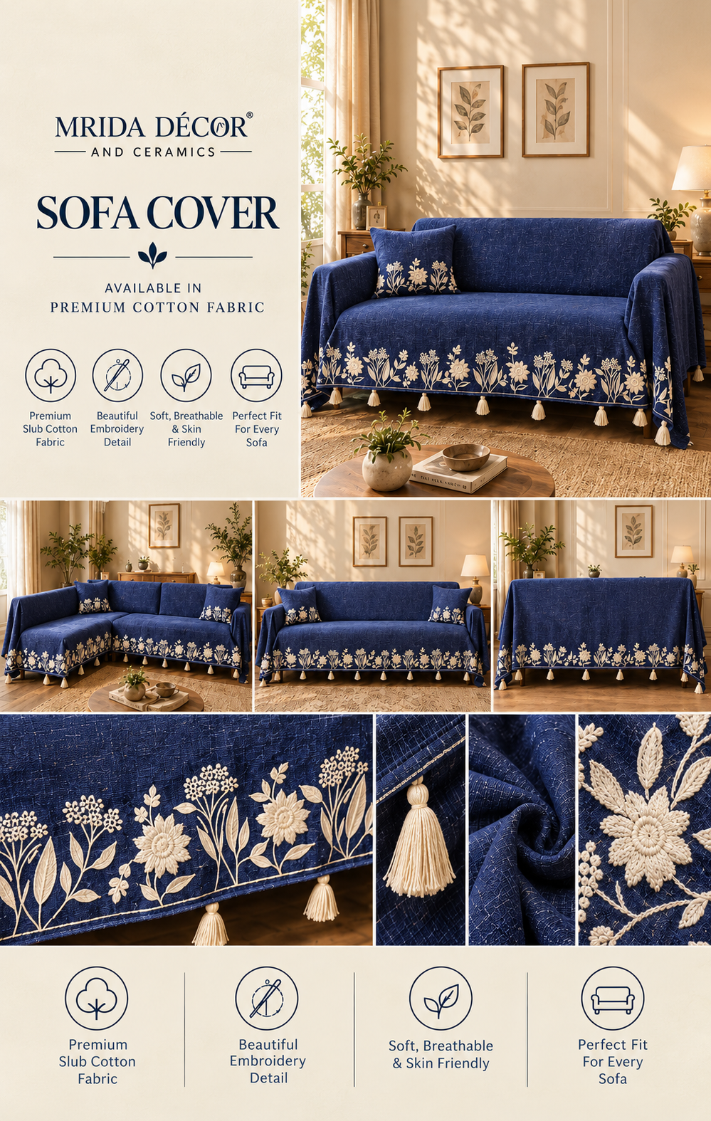 Embroidered Slub Cotton Sofa Cover | Floral Sofa Throw | ₹875/Meter