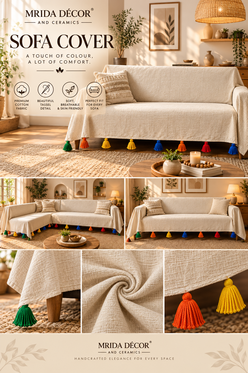 Premium Off-White Slub Cotton Sofa Cover with Multicolor Tassels  | ₹435/Meter