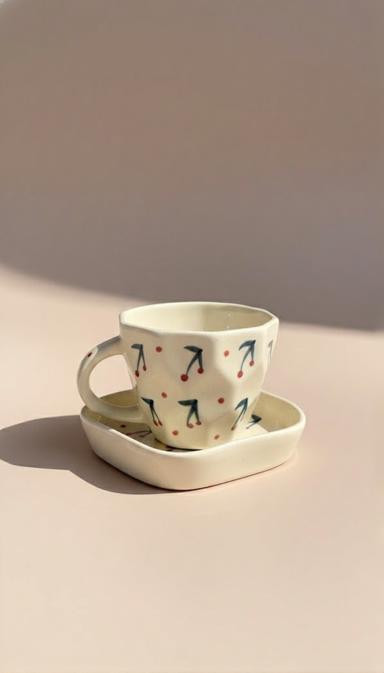 Handcrafted Ceramic Cup & Saucer Set | Floral Pattern Coffee & Tea Cup