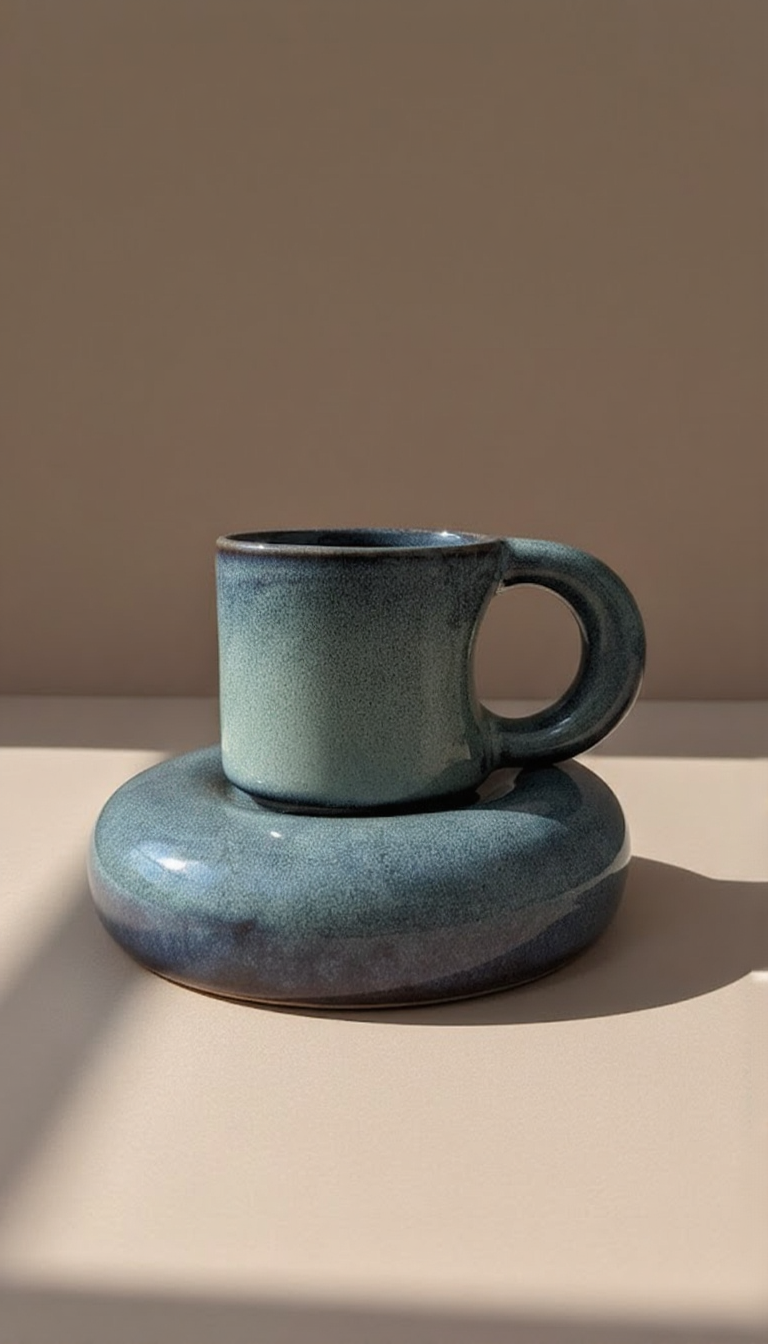 Handcrafted Blue Ceramic Cup & Saucer Set | Minimalist Coffee & Tea Cup