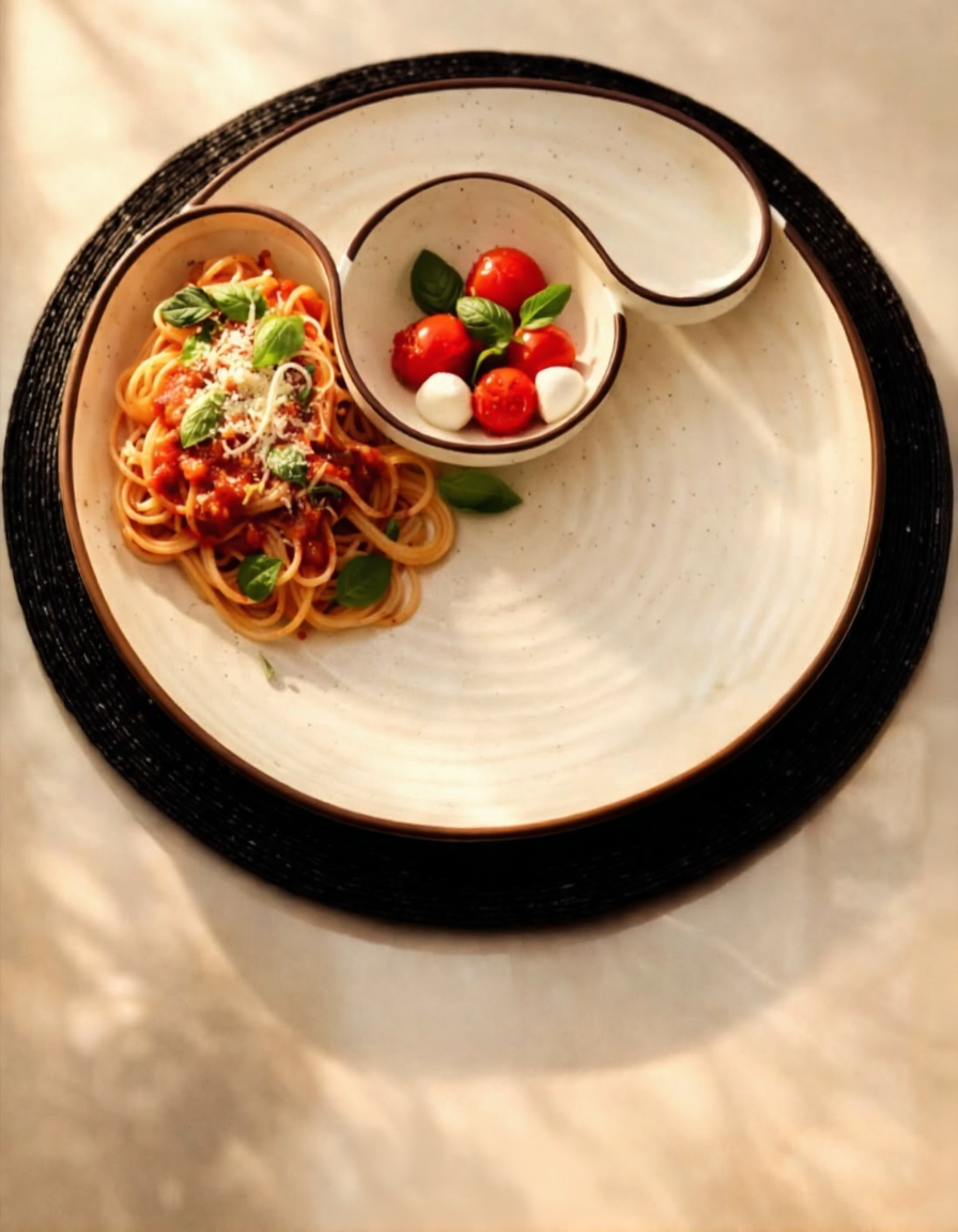 Handcrafted Ceramic Pasta Platter With Dip Bowl | Modern Sectioned Serving Plate For Italian Dining
