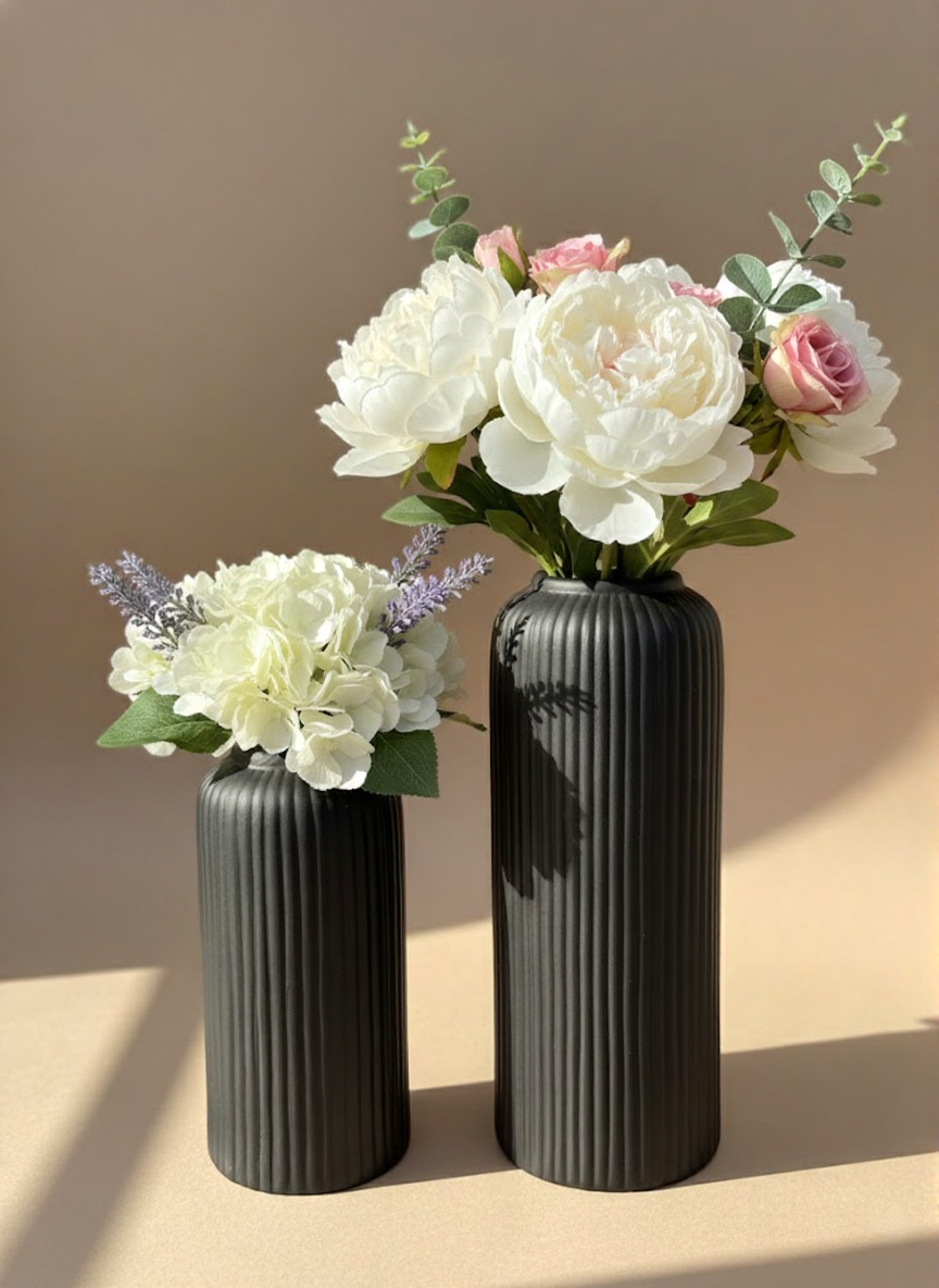 White Ribbed Ceramic Flower Vase Set Of 2 | Modern Decorative Vases For Home Décor
