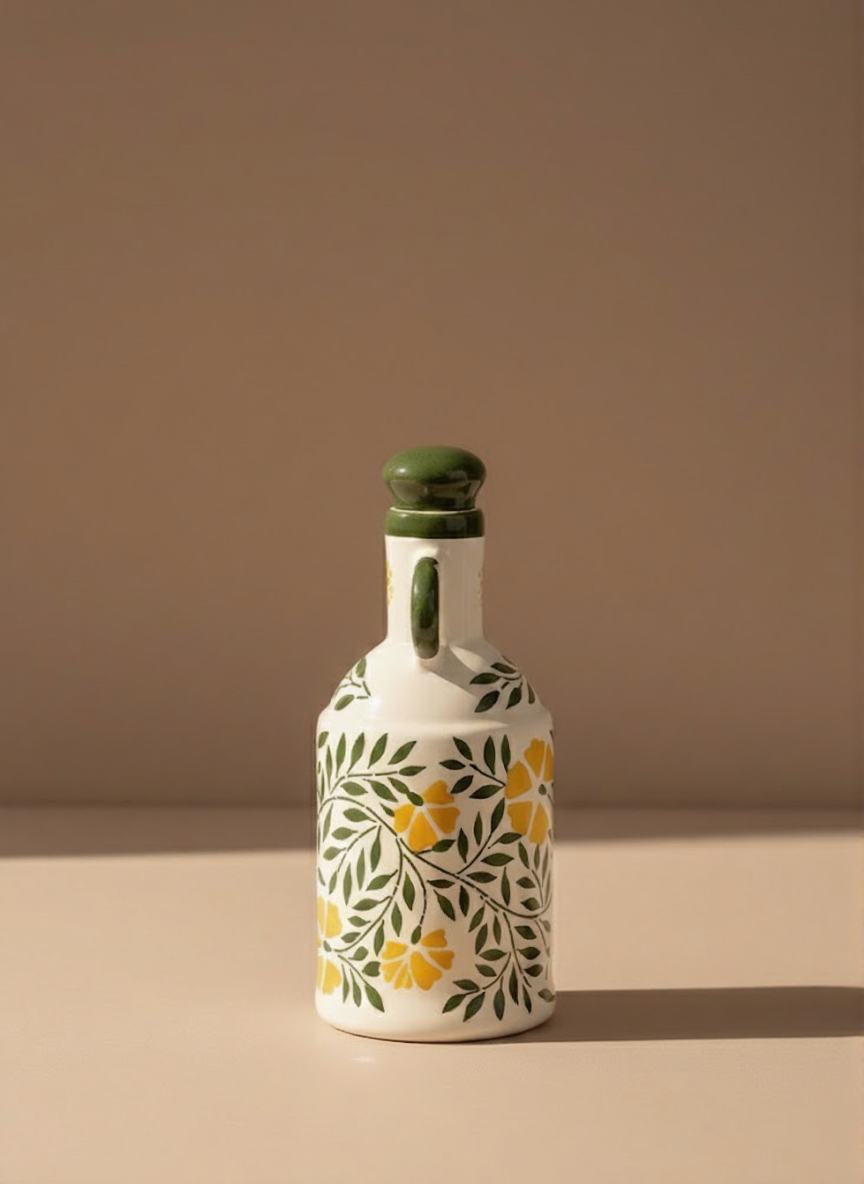 Handcrafted Floral Ceramic Oil & Vinegar Bottle With Handle - Luxury Designer Kitchen Dispenser