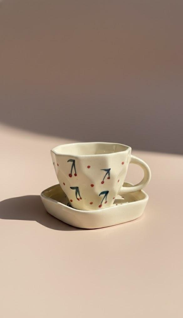 Handcrafted Ceramic Cup & Saucer Set | Floral Pattern Coffee & Tea Cup