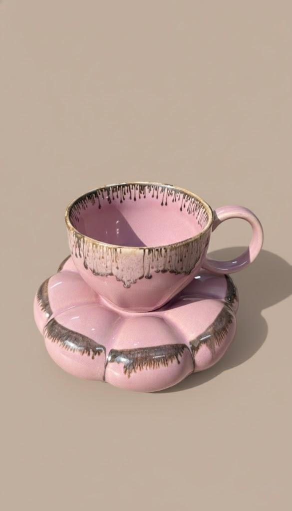 Handcrafted Pink Ceramic Cup & Saucer Set With Metallic Drip Glaze | Luxury Tea & Coffee Cup