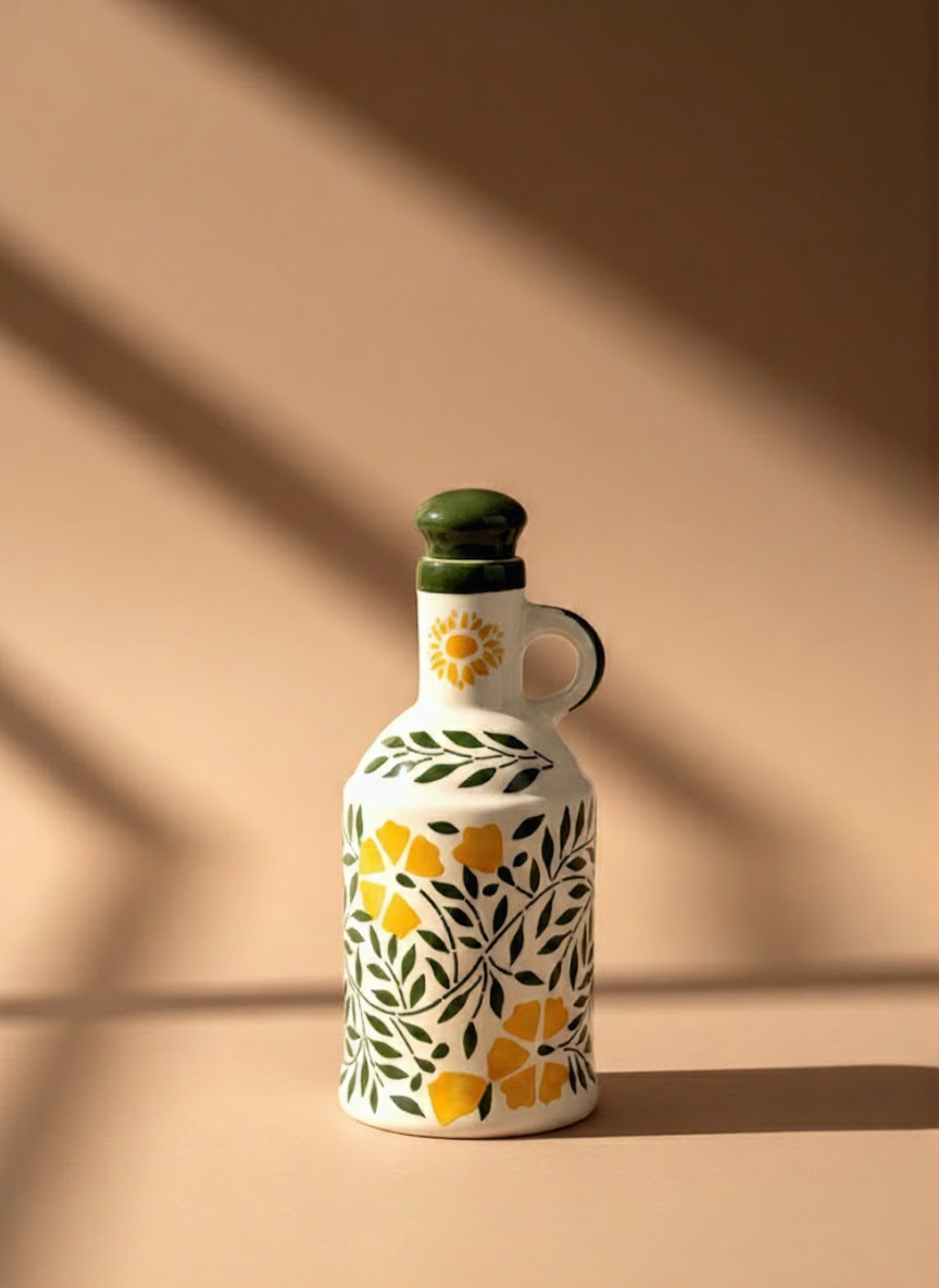 Handcrafted Floral Ceramic Oil & Vinegar Bottle With Handle - Luxury Designer Kitchen Dispenser