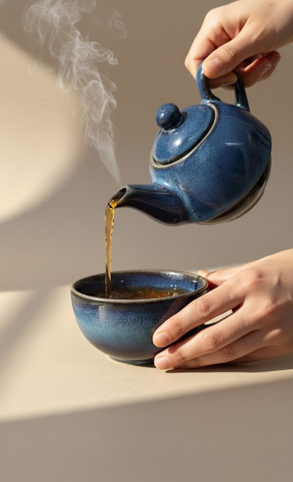 Luxury Ceramic Tea Cup & Tea Pot Set- Single-Serve Blue Glazed Tea Set For Home & Gifting