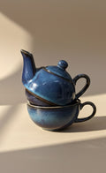 Luxury Ceramic Tea Cup & Tea Pot Set- Single-Serve Blue Glazed Tea Set For Home & Gifting