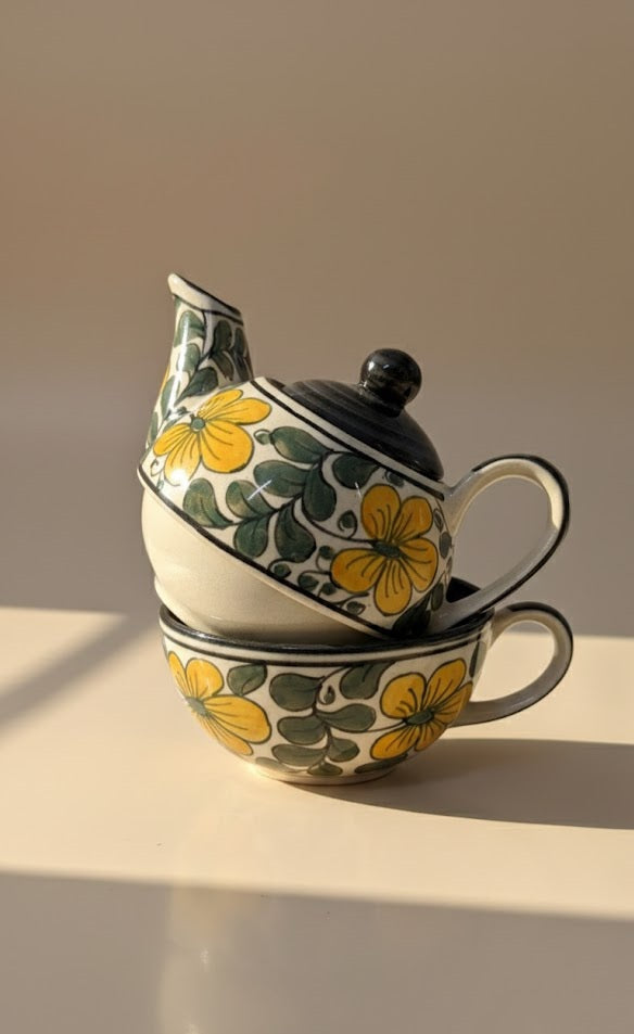 Handcrafted Ceramic Tea Cup & Tea Pot Set- Elegant Floral Single -Serve Tea Set For Home & Gifting