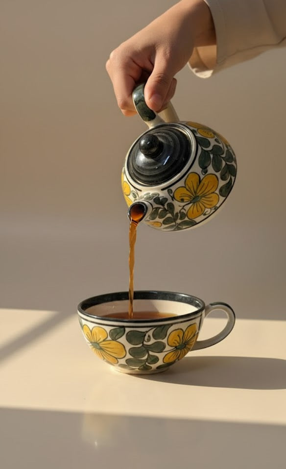 Handcrafted Ceramic Tea Cup & Tea Pot Set- Elegant Floral Single -Serve Tea Set For Home & Gifting