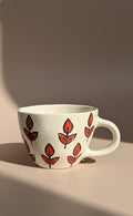 White Ceramic Coffee Mug With Red Leaf Print- Minimalist Tea Cup For Home, Office & Gifting