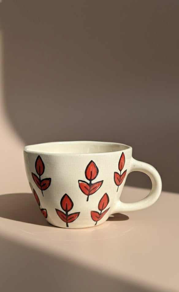 White Ceramic Coffee Mug With Red Leaf Print- Minimalist Tea Cup For Home, Office & Gifting
