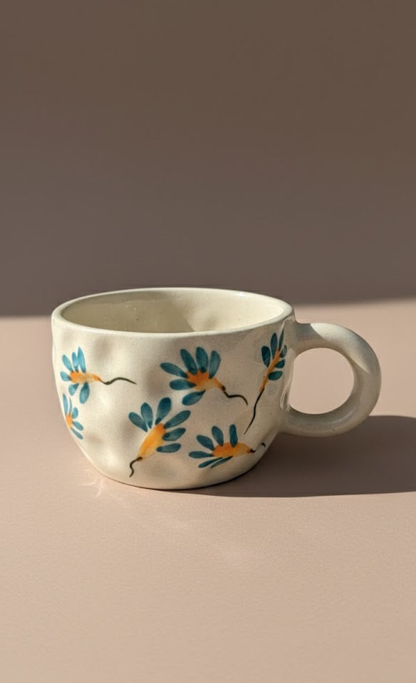 Handcrafted Ceramic Coffee Mug With Blue & Yellow Floral Design- Elegant Tea Cup For Home & Office
