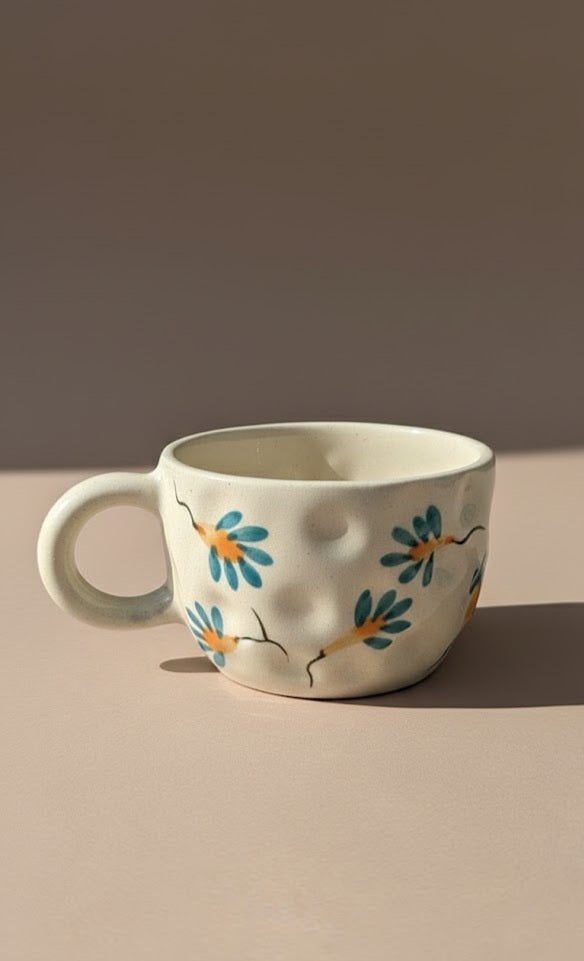 Handcrafted Ceramic Coffee Mug With Blue & Yellow Floral Design- Elegant Tea Cup For Home & Office
